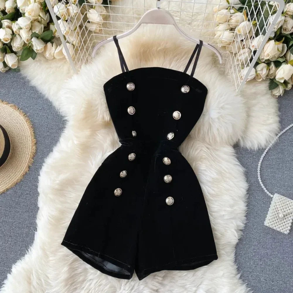 Puff Sleeve Lace Double Breasted Boho Jumpsuit for Women