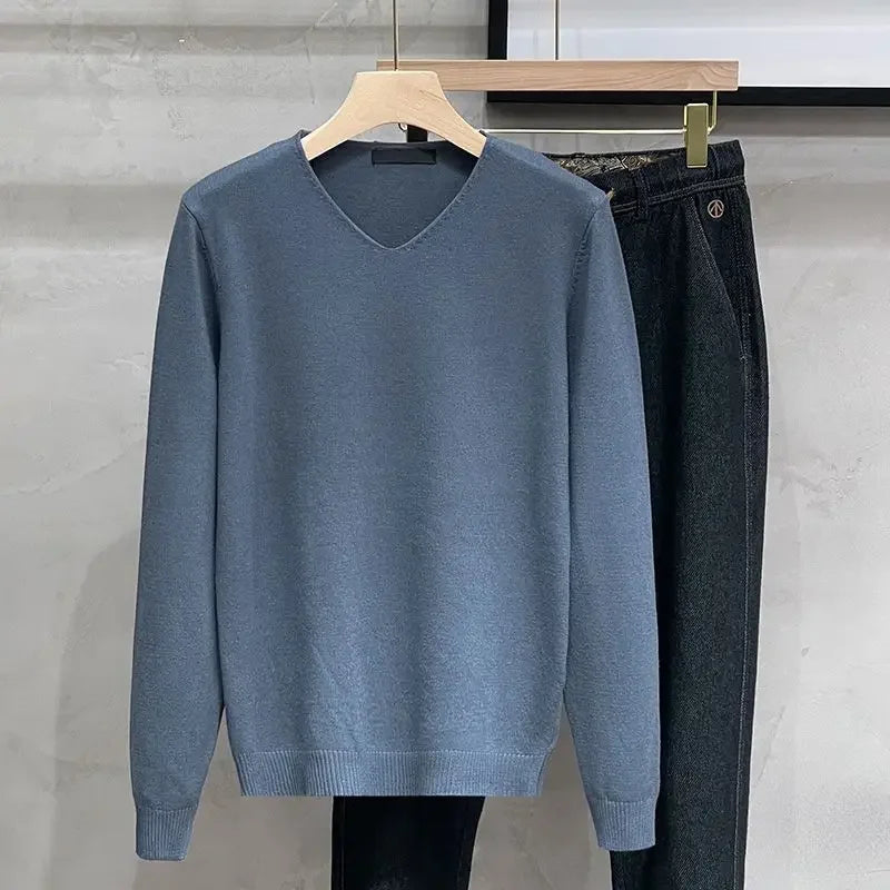 Men's V-neck Sweater – Solid Color, Long Sleeve, Knitted, Winter Pullover
