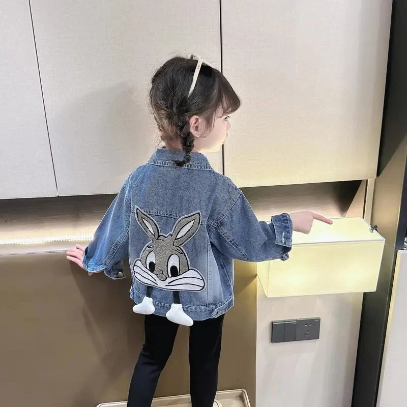Girls' Denim Jacket – Embroidered Cartoon Rabbit Coat for Kids (Ages 2-7), Autumn Casual Outerwear