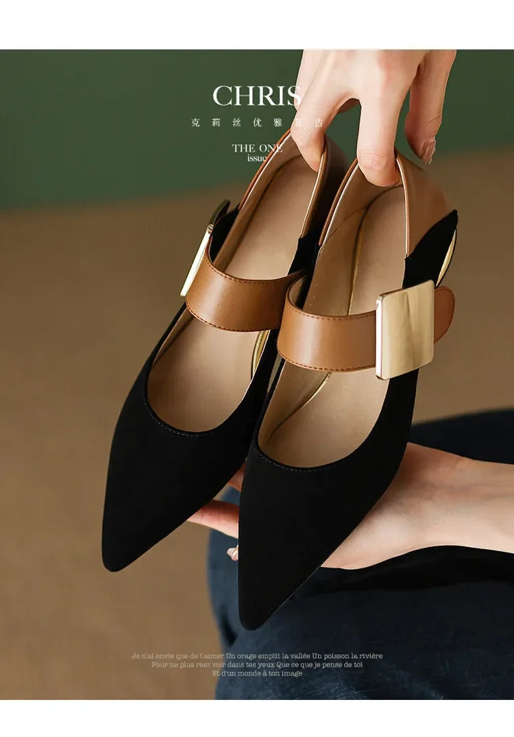 Women's Suede High Heels – Square Toe Pumps with Metal Decoration, Black/Apricot