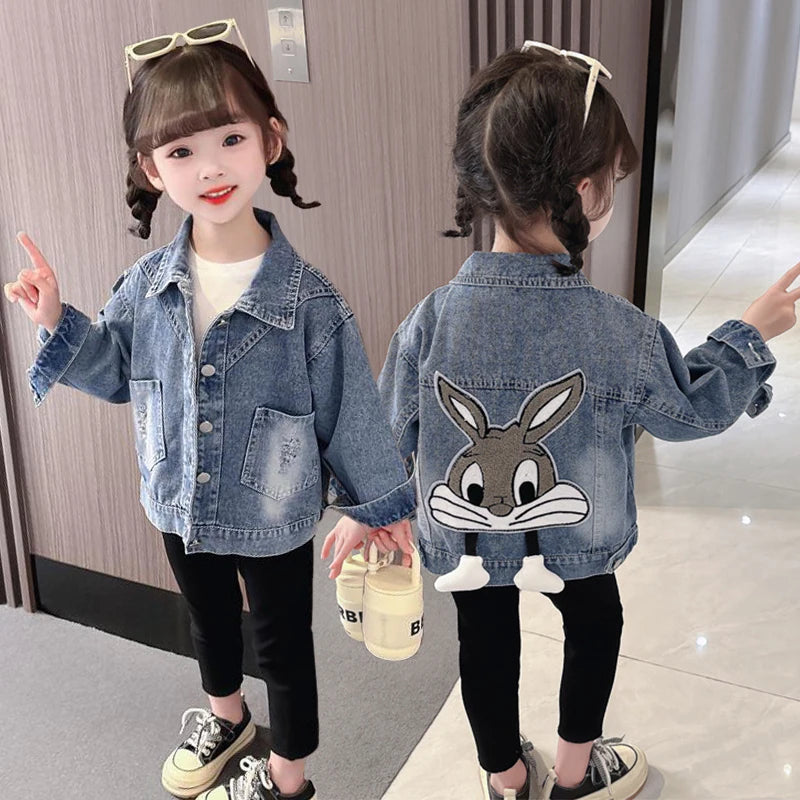 Girls' Denim Jacket – Embroidered Cartoon Rabbit Coat for Kids (Ages 2-7), Autumn Casual Outerwear