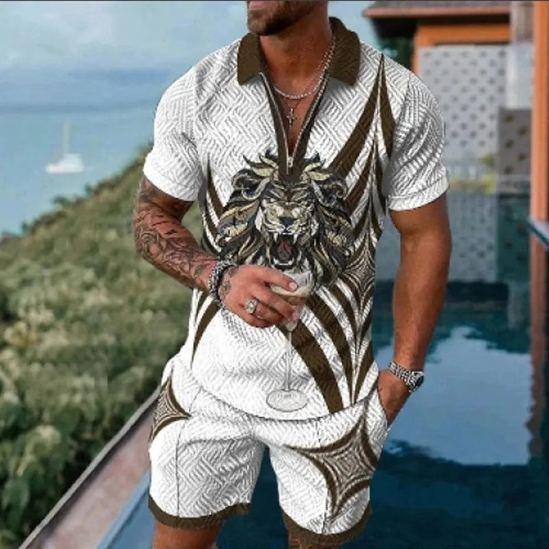 Men's 3D Print Summer Tracksuit - Short Sleeve Polo Jogging Set