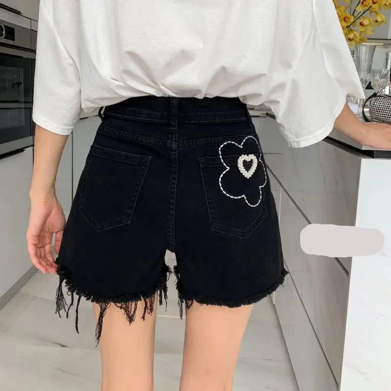 Embroidered Flower Love Denim Shorts