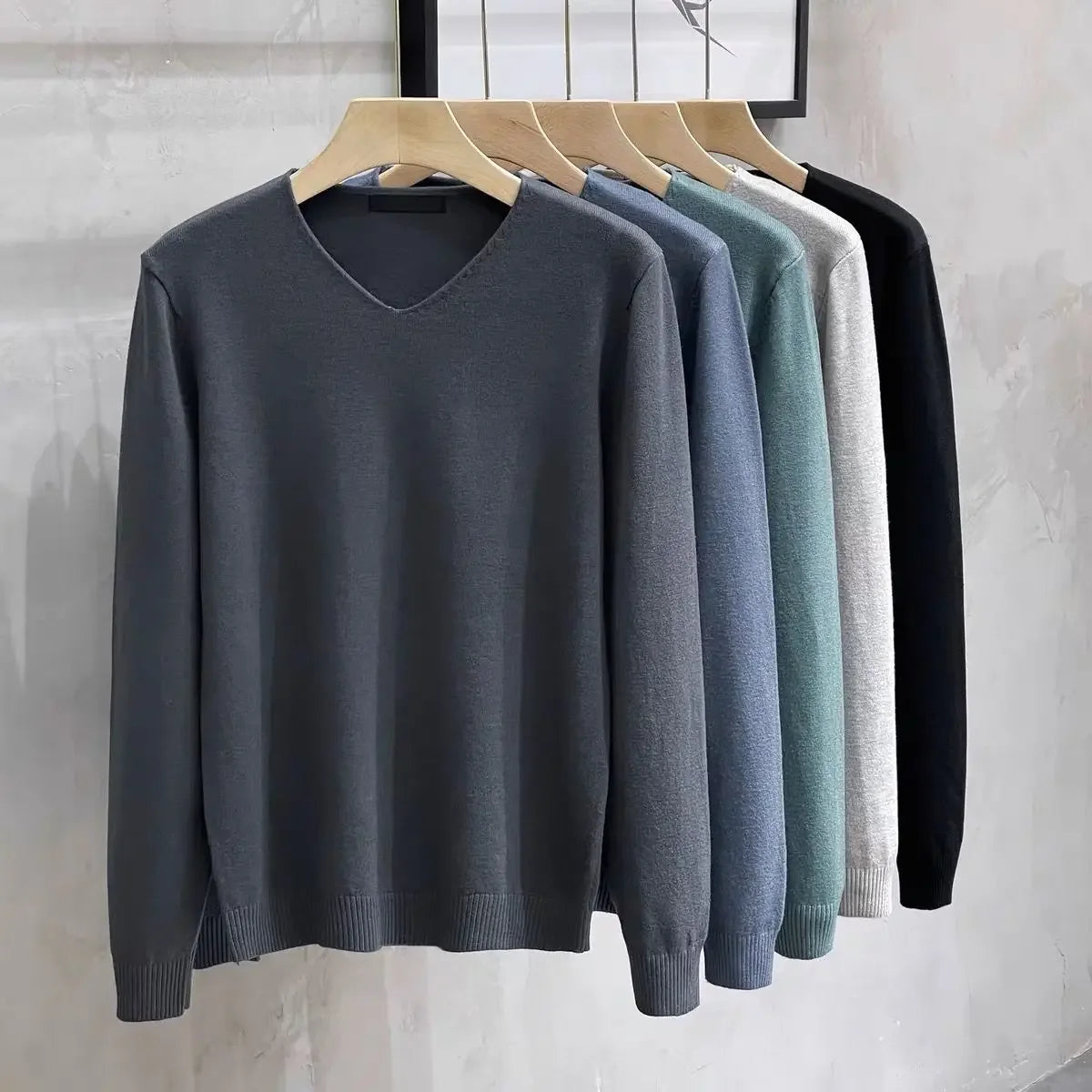 Men's V-neck Sweater – Solid Color, Long Sleeve, Knitted, Winter Pullover