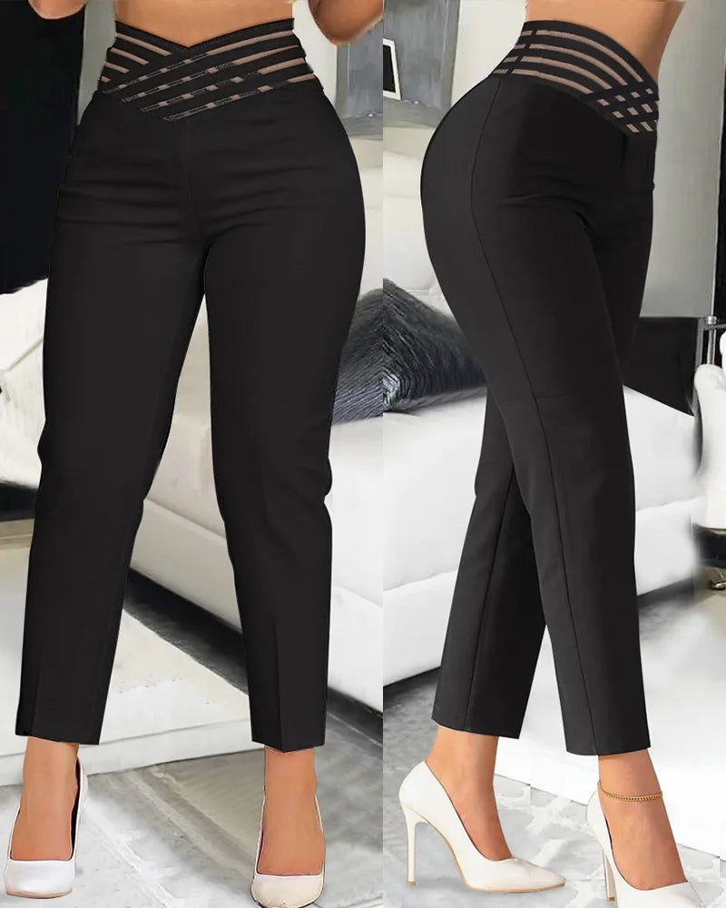 Summer Loose Fit Women's Work Pants - Hollow Out Overlap Waist Spliced Capris