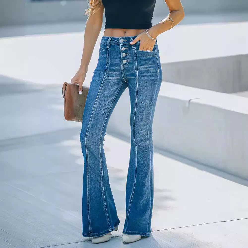 Women's Slim-Fit Micro-Flared Jeans – Casual Multi-Button, Washed, Autumn/Winter Commuting Pants.