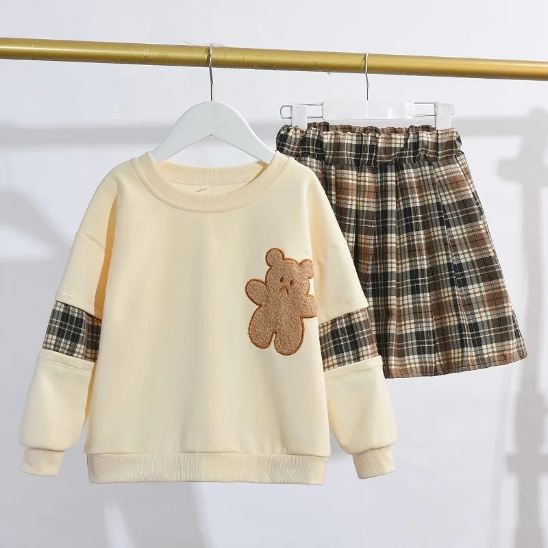 Adorable Bear Sweatshirt & Plaid Skirt Set for Girls