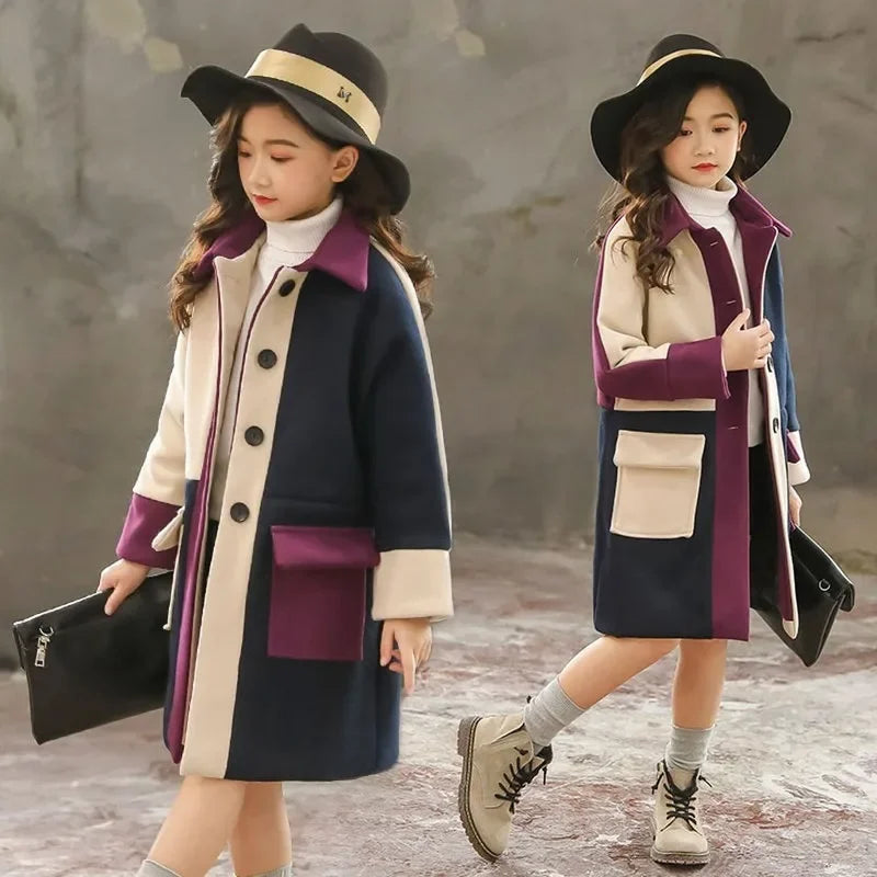 Girls Wool Coat Autumn Winter Jacket - Fashionable Outerwear for Ages 4-13