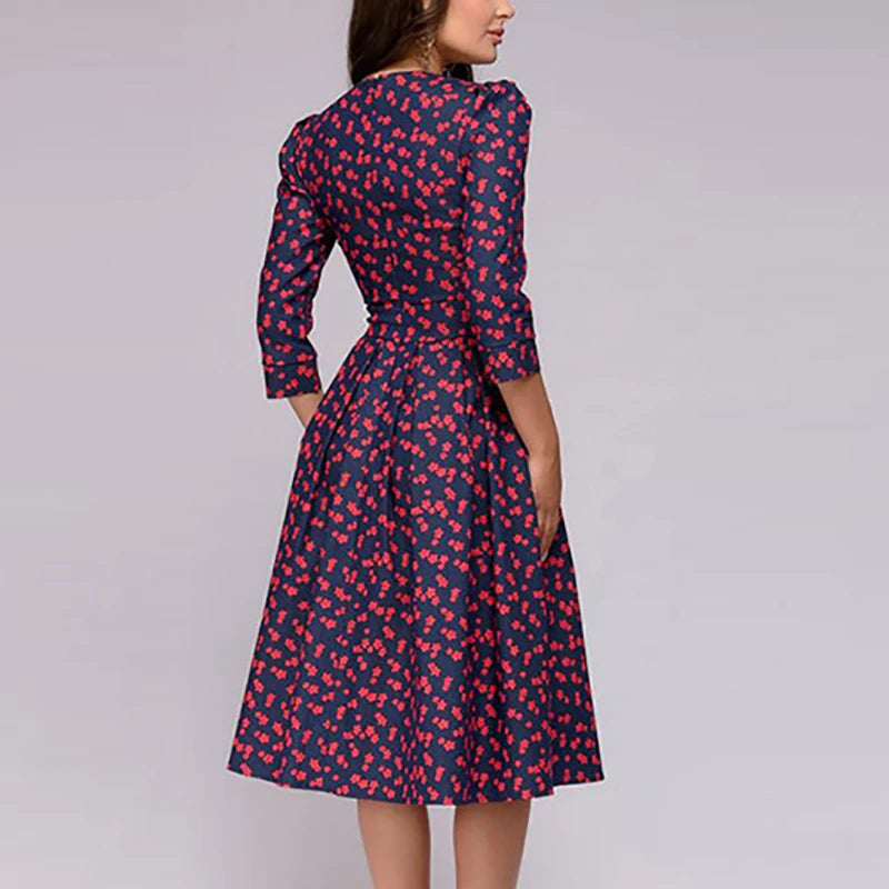 Spring Autumn Office Lady Knee Length Elegant Vintage Long Sleeve Party Dresses Women Floral Printed Dress