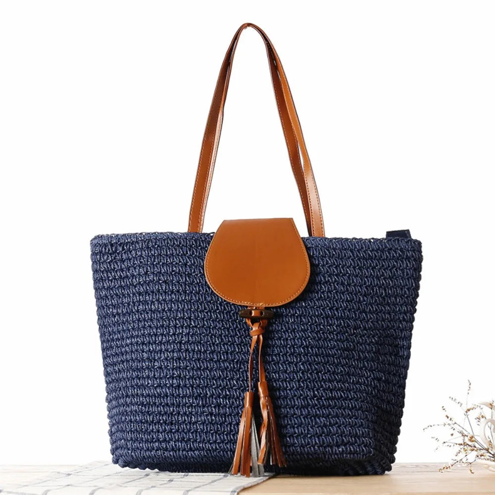 Summer Straw Woven Beach Bag Rattan Ladies Purses Handbag Wrist Pack Women Handle Female Bucket Tote Bags Knit Travel Bags