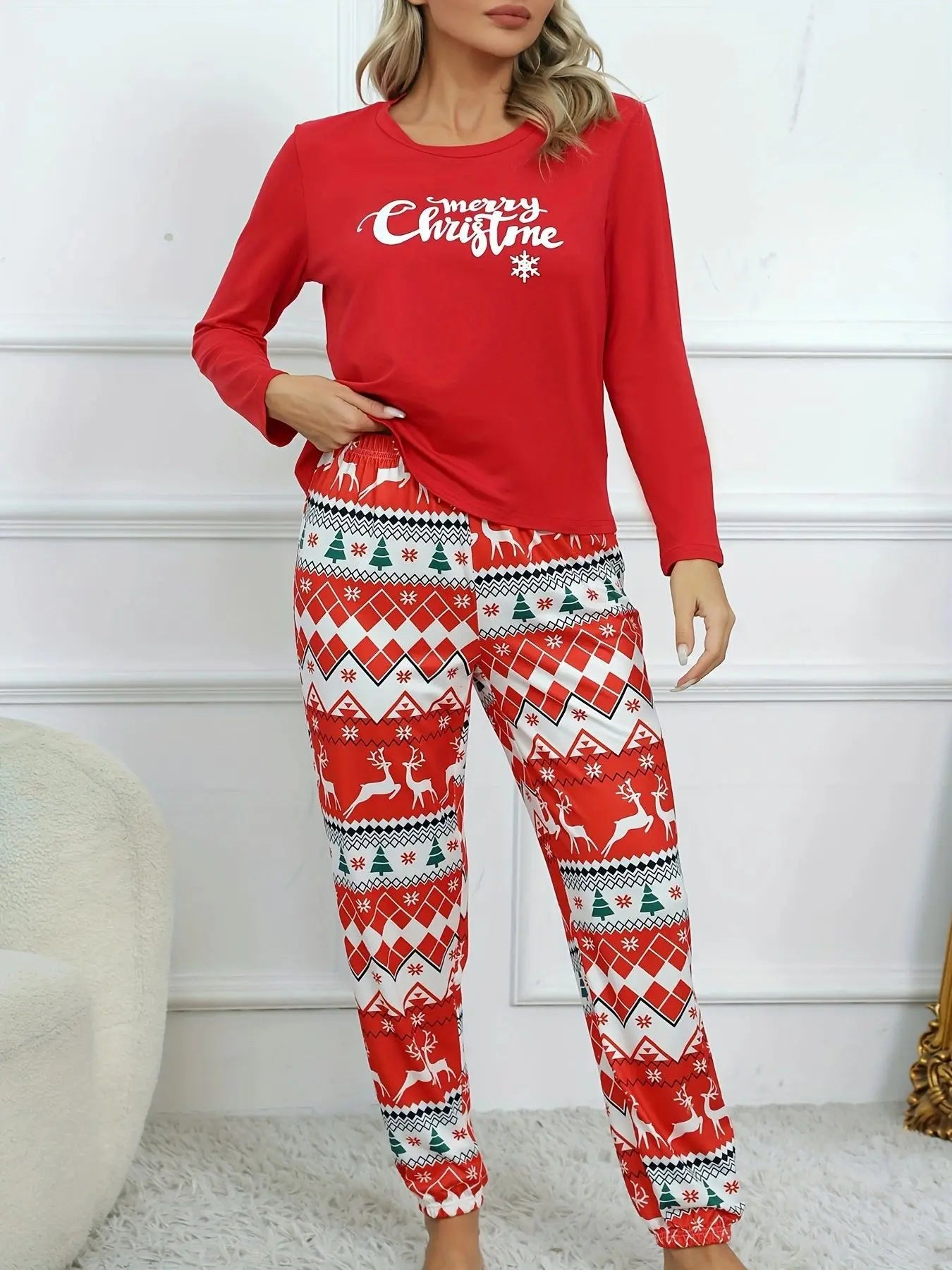 2Pcs Women's Christmas Print Long Sleeve Pajama Set