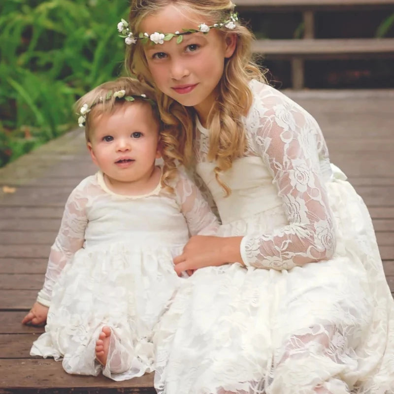 Flower Girl Dress: Long Sleeve White & Beige Summer Dress