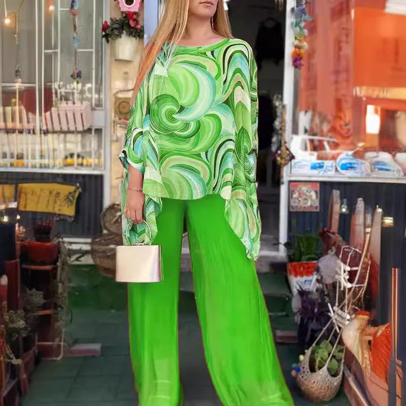 Women's Chiffon Printed Two-Piece Set – Elegant Long Sleeve Top & Wide Leg Pants