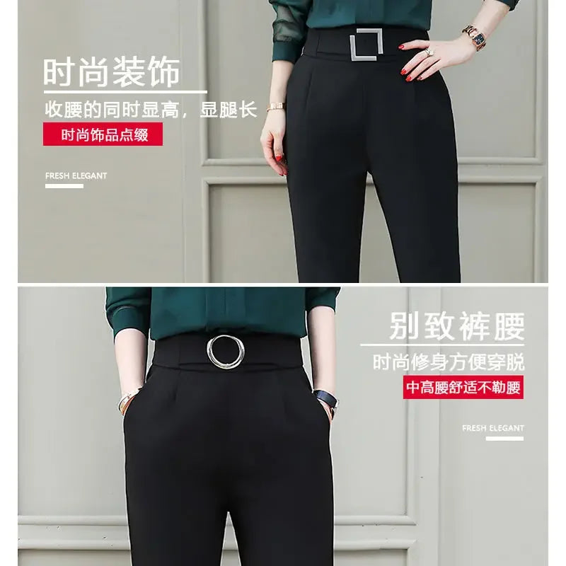 Black High-Waist Suit Pants - Women's Office Pants with Sashes and Pockets, Fashionable Pink/Yellow Options