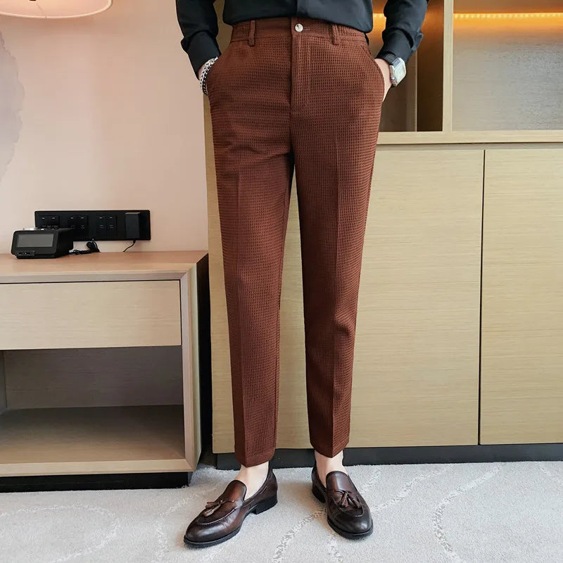 Autumn Waffle Stretch Waist Slim Fit Formal Pants for Men – Ideal for Weddings and Social Events