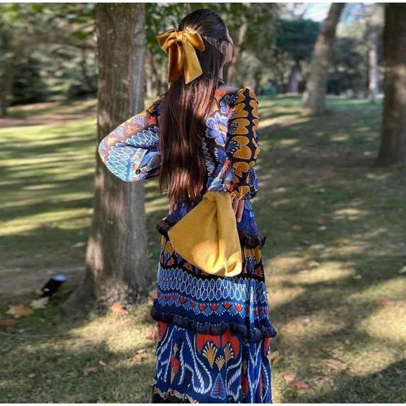 Vintage Print Dress – Elegant, Long Sleeve, Soft, Casual Loose Party Wear for Women
