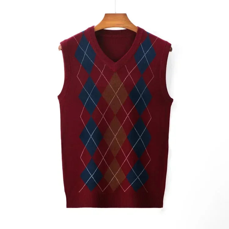 Men's Business Casual Pullover Wear Warm Sleeveless Wool Knitted Sweater Plaid Vest Tops