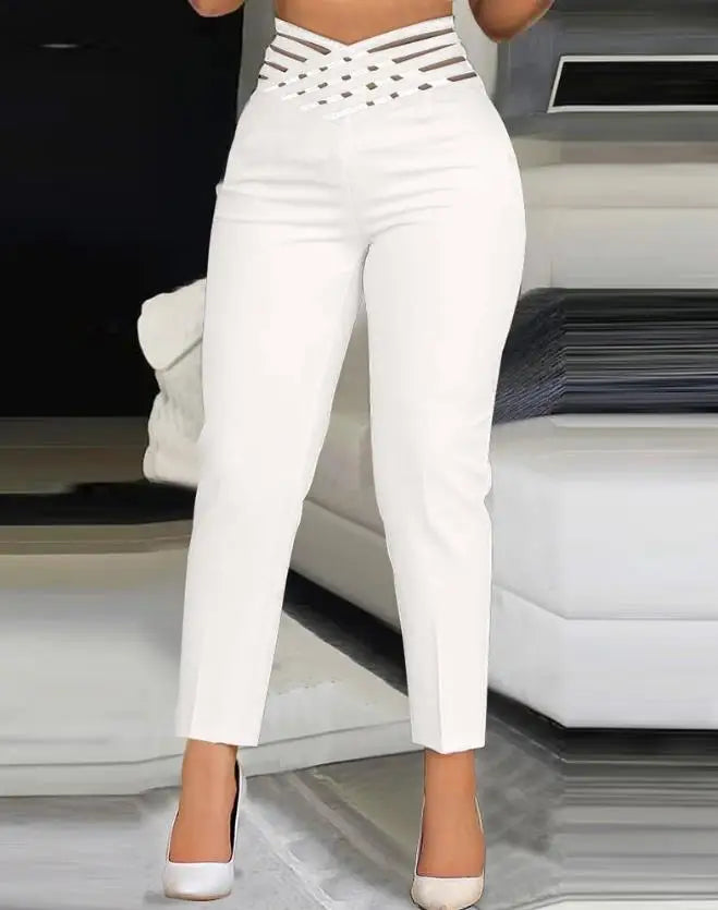 Summer Loose Fit Women's Work Pants - Hollow Out Overlap Waist Spliced Capris