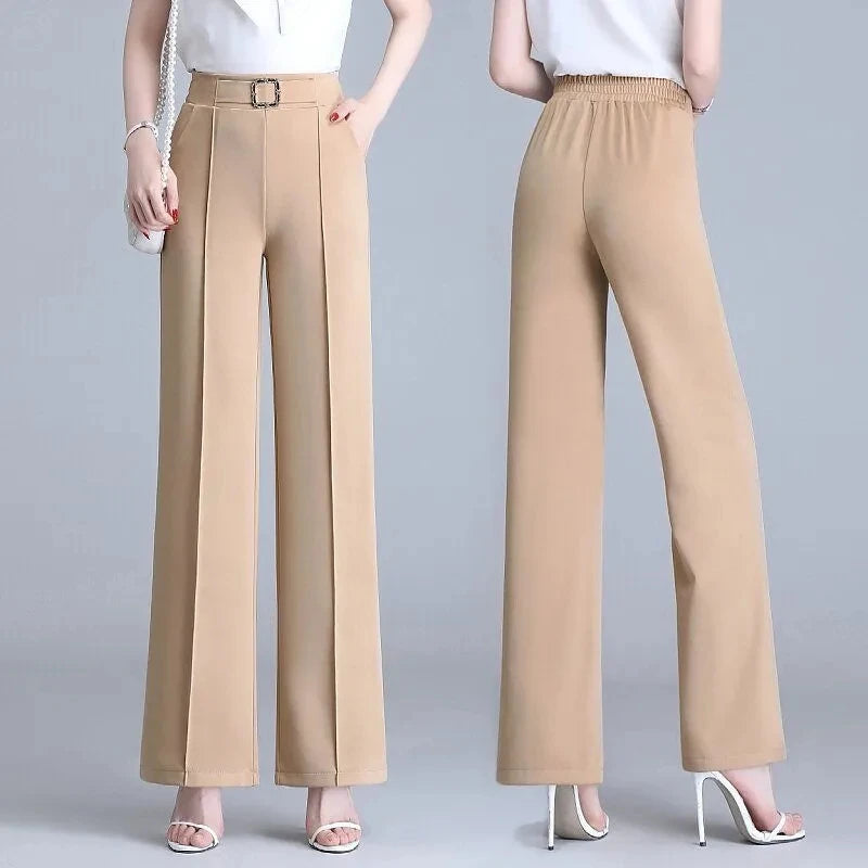 Khaki High-Waist Ice Silk Wide-Leg Trousers - Summer Design, Elegant Elastic Waist Baggy Pants for Women