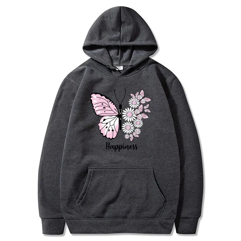 Women's Butterfly Print Hooded Pullover Sweatshirt - Casual, Black, XS-4XL