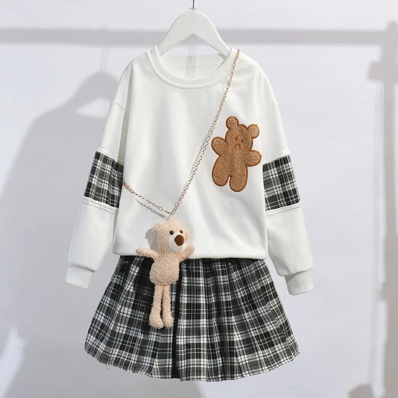 Adorable Bear Sweatshirt & Plaid Skirt Set for Girls
