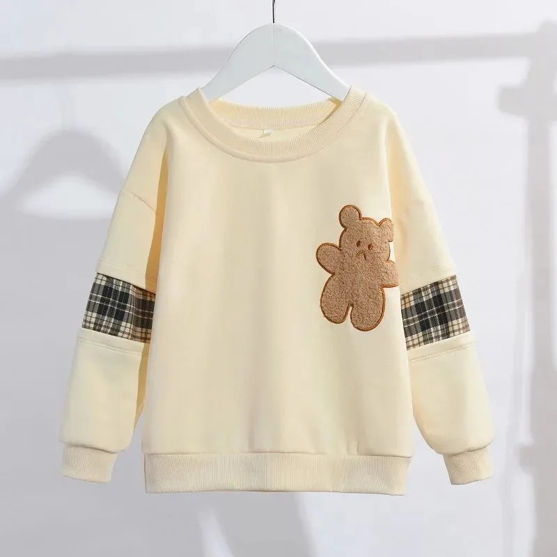 Adorable Bear Sweatshirt & Plaid Skirt Set for Girls