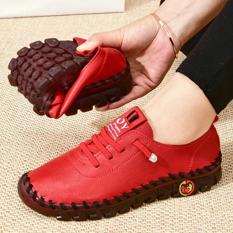 Women's PU Leather Sports Shoes - Large Size Running Sneakers with Elastic Straps