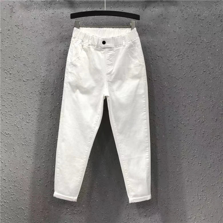 Summer Women's Harem Pants Cotton Denim Casual Elastic Waist Solid Colors 3XL