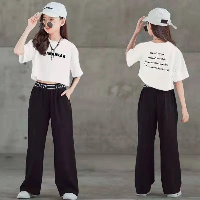 Summer Fashion Letter Top & Pants Set for Girls (Ages 5-14)