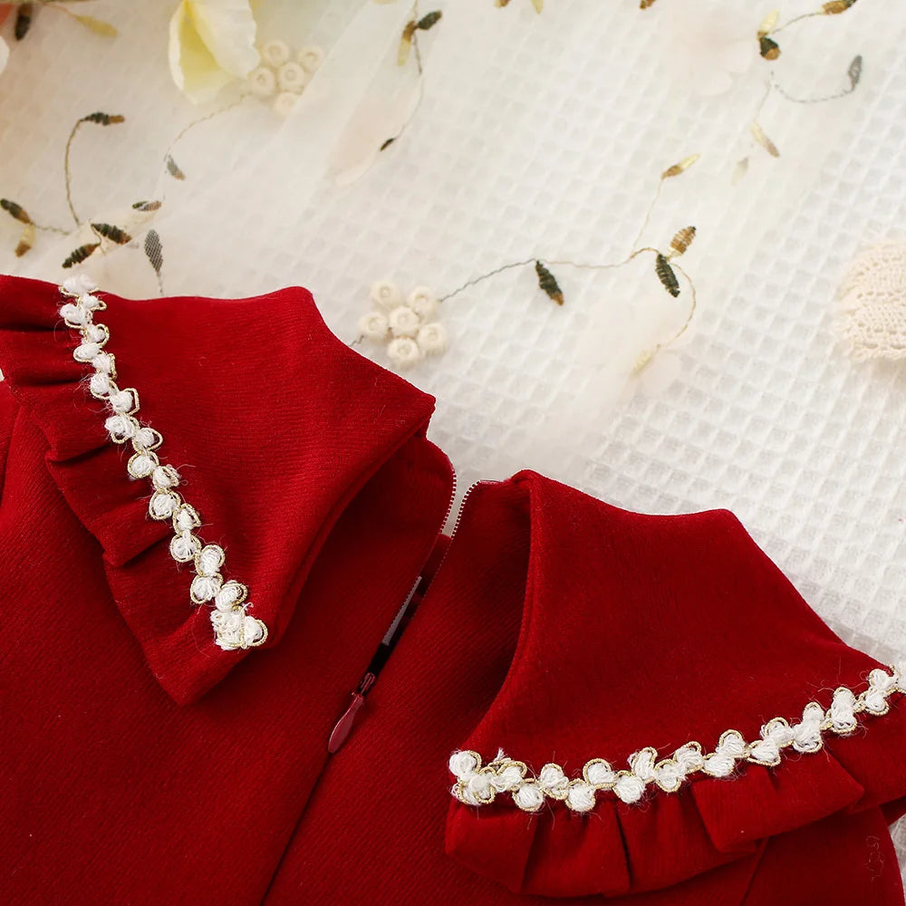Baby Girl Long Sleeve Dress - Autumn Red Cotton Dress