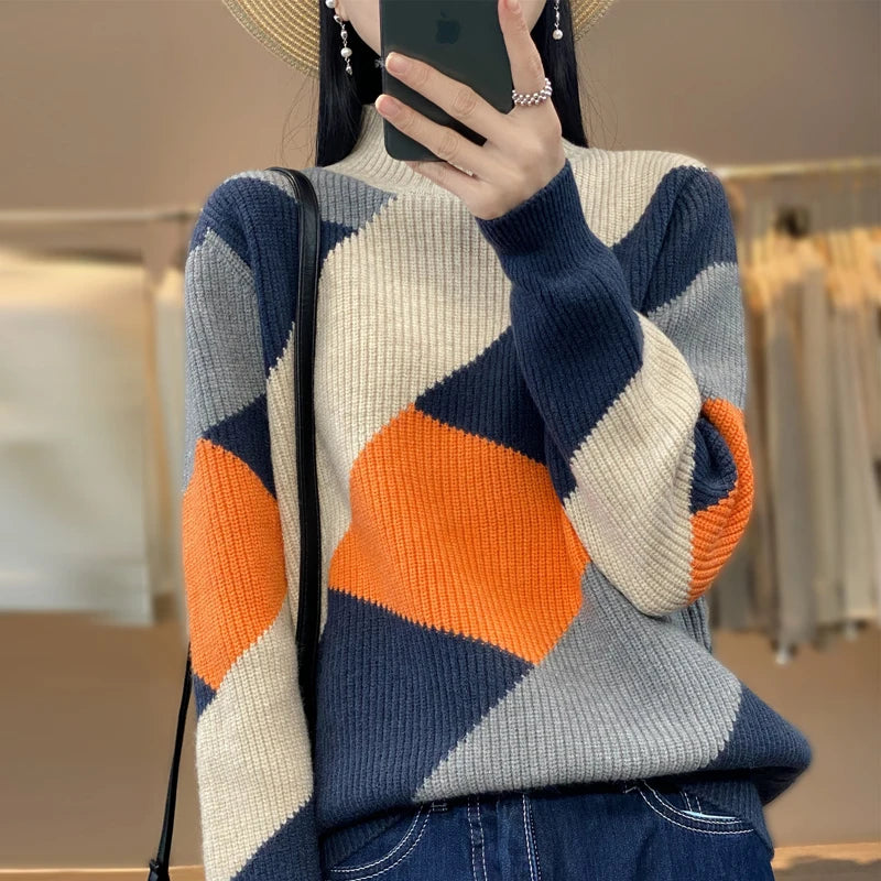 Autumn/Winter Women's Cashmere Patchwork Pullover Sweater