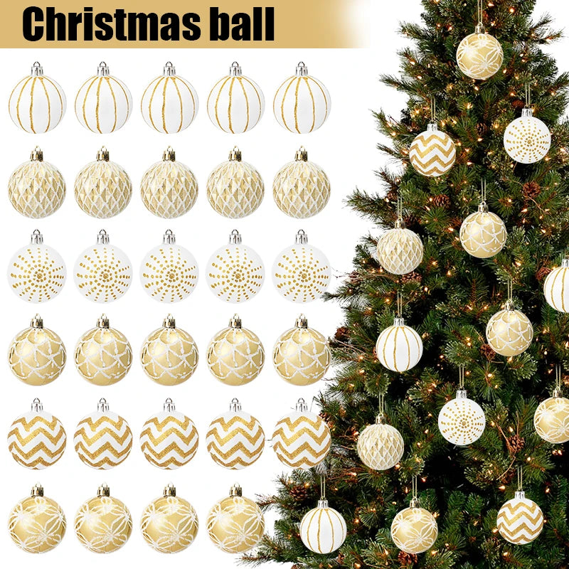 30PCS 6cm Gold White Christmas Balls – Tree Ornaments for Xmas, New Year, and Party Decorations