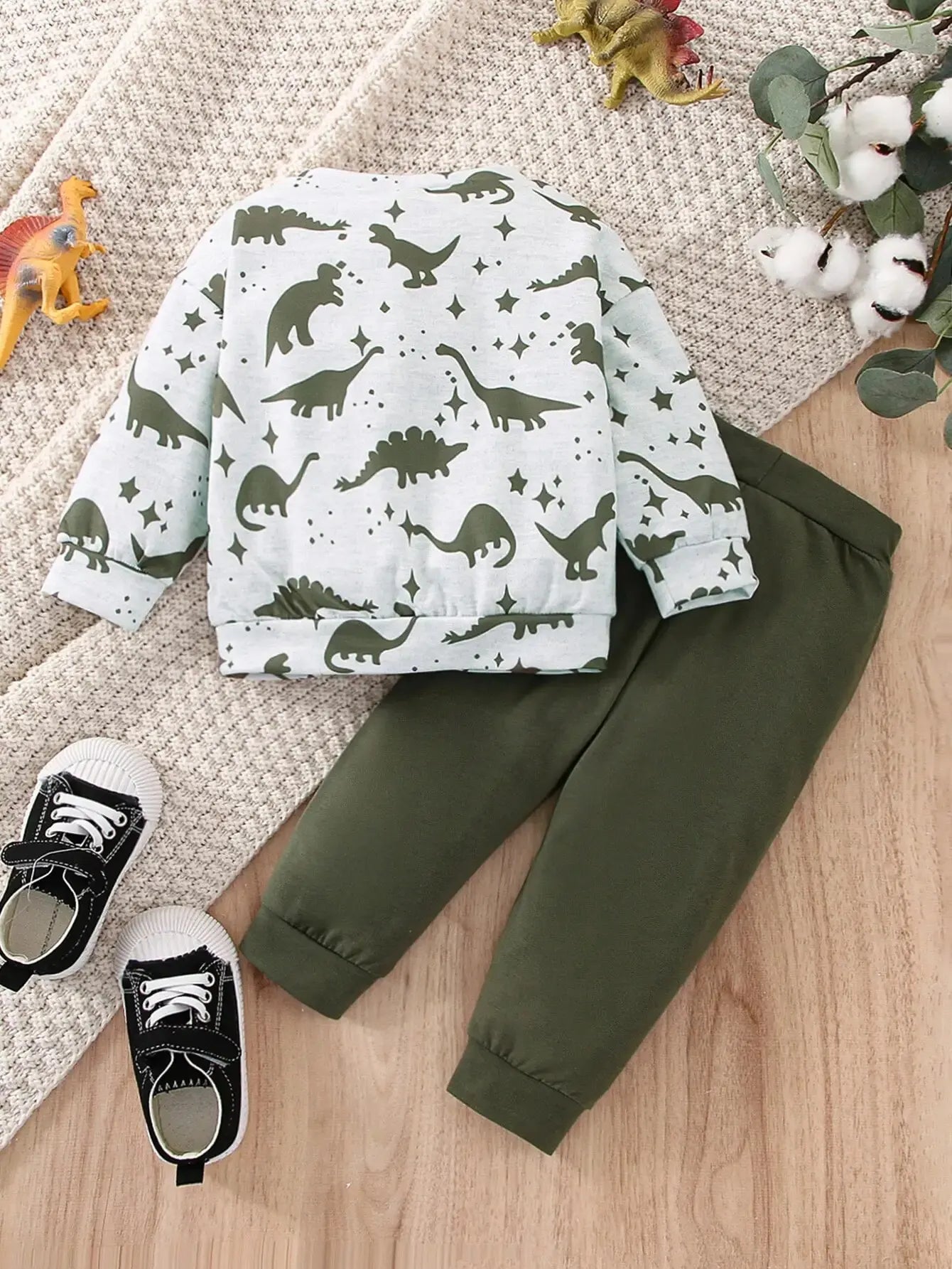 Baby Boy Dinosaur Sports Set: Long Sleeve Top & Green Pants