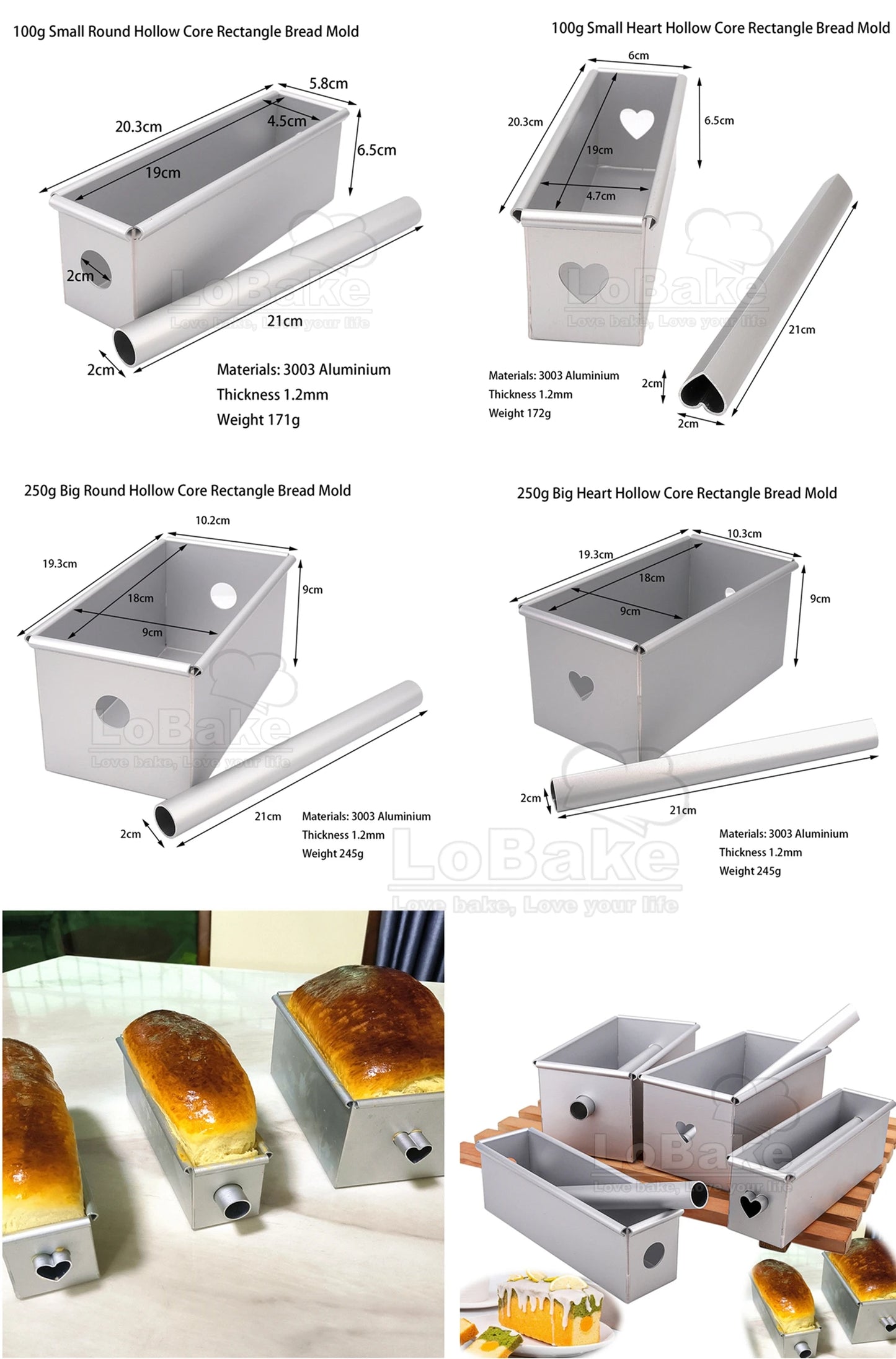 Aluminium Rectangle Toast Bread Mold – 100g/250g with Heart Stick & Mousse Cake Tin