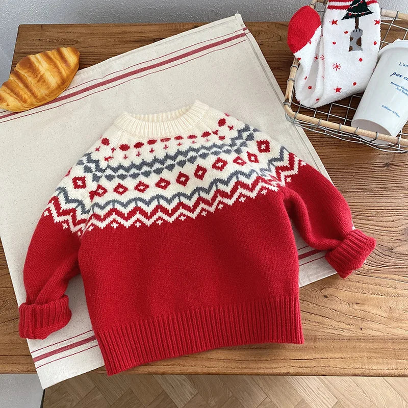 Winter Baby Christmas Sweater – Kids' Jacquard Knit Pullover or Toddler Cardigan
