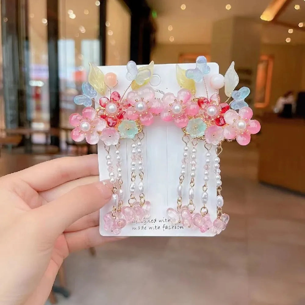 Cute Kids Girl Hanfu Headwear - Butterfly Hair Clip & Tassel Hair Accessories