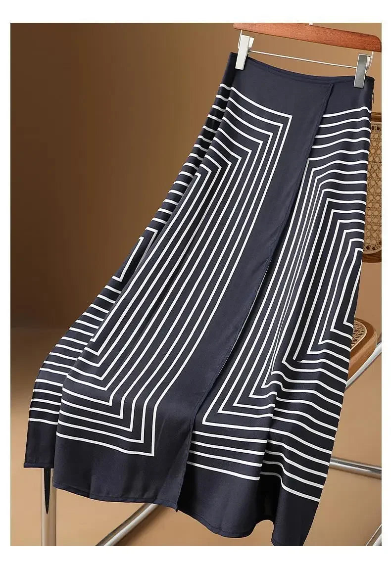 Summer Casual Luxury Black & White Striped Hepburn Style Long Skirt
