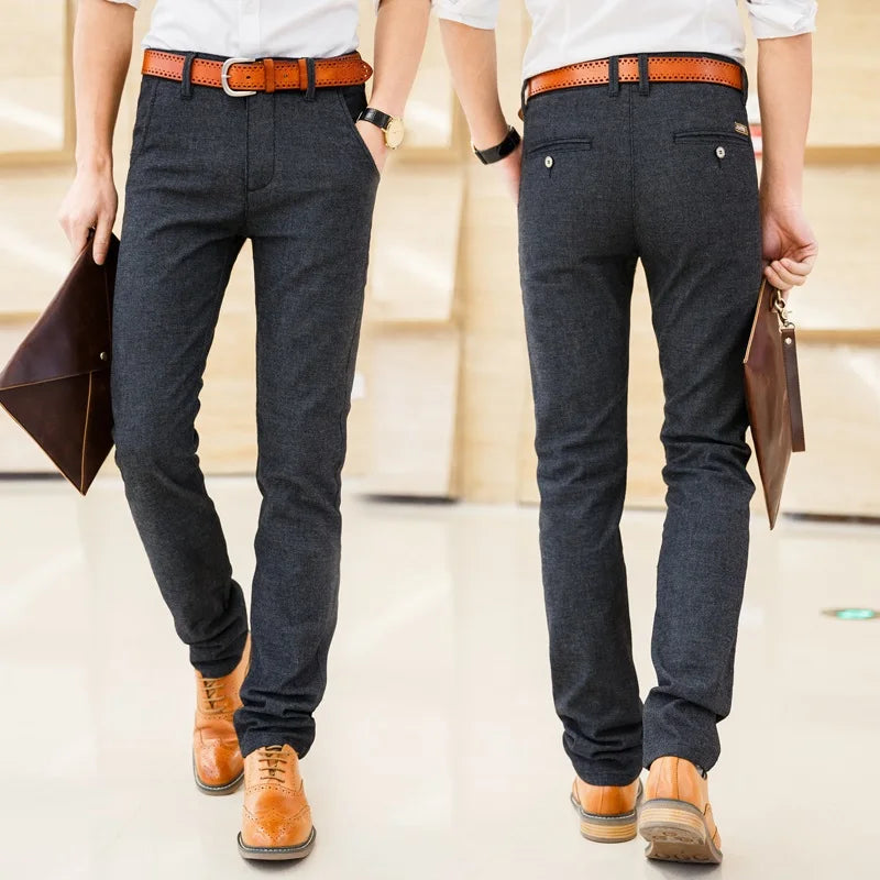 Men's Slim Casual Pants Fashion Business Stretch Trousers Male Brand Plaid Pant Black Blue