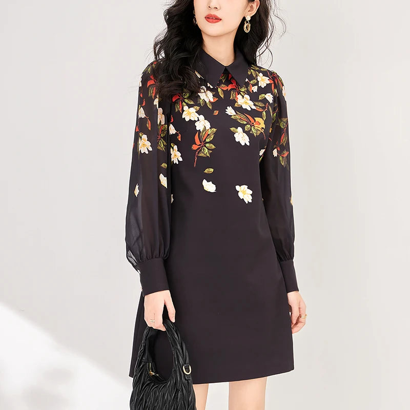 Women's Black Floral Print A-Line Dress - Autumn 2024 Elegant Chiffon Long Sleeve