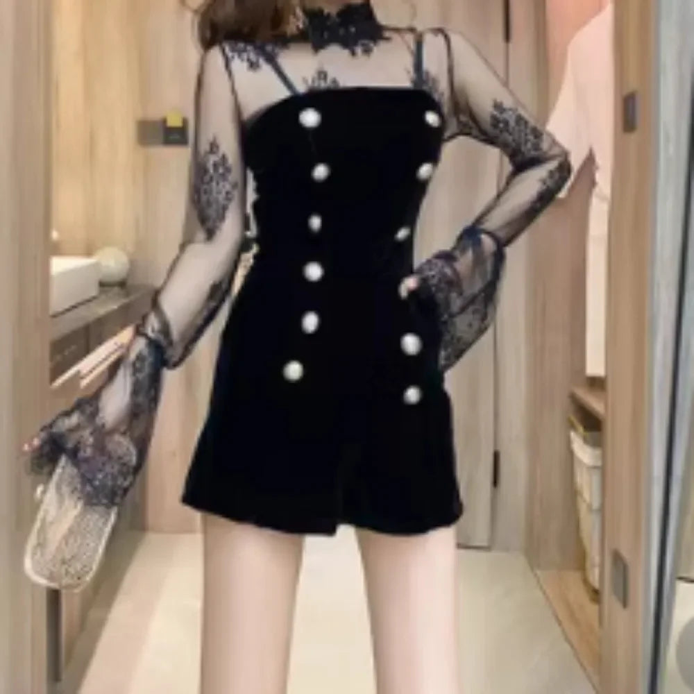 Puff Sleeve Lace Double Breasted Boho Jumpsuit for Women