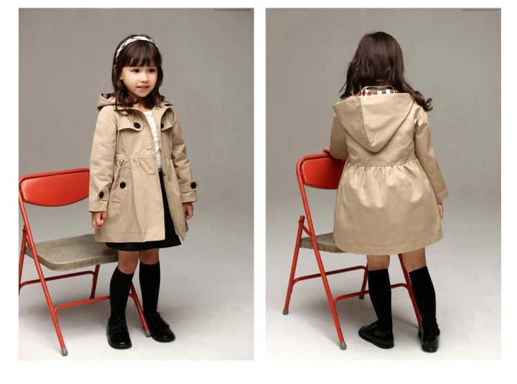 Girls' Hooded Windbreaker – Long Style, Red, Spring/Autumn Sweatshirt Jacket