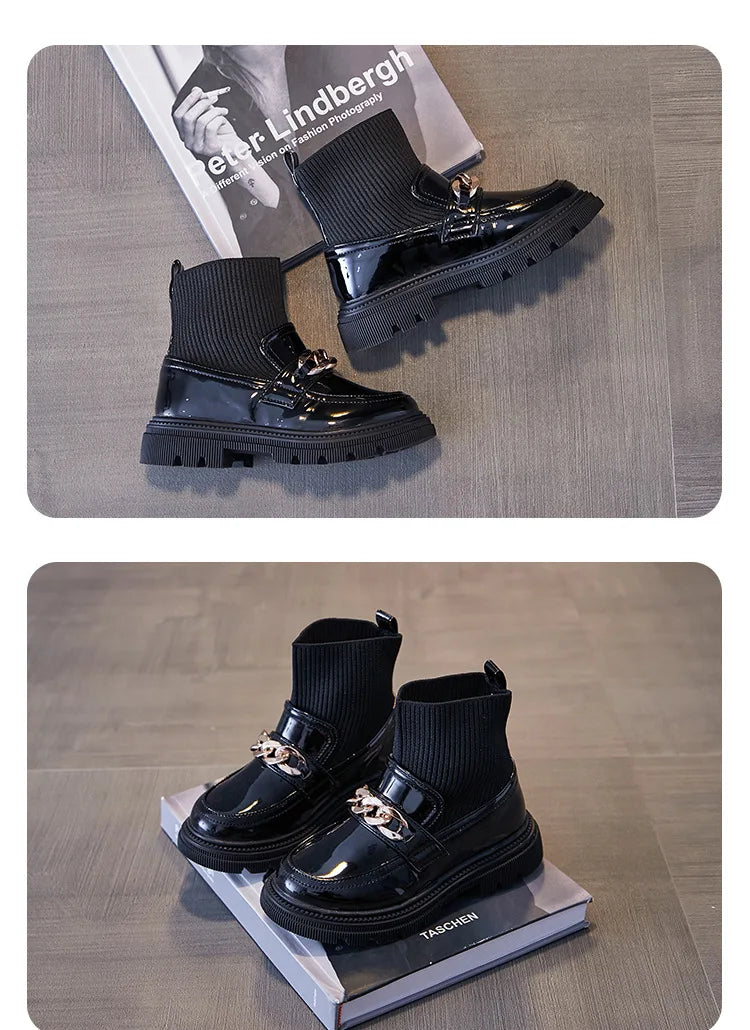 Girls' Leather Princess Boots with Metal Chains & Woven Stitching