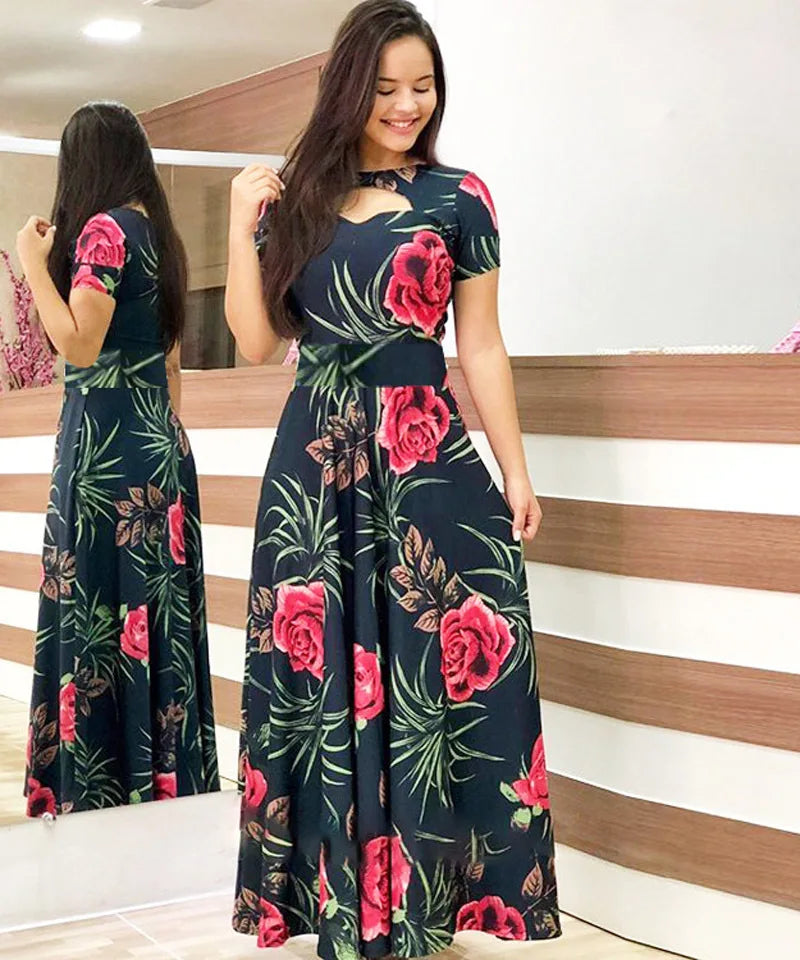 Floral Maxi Dress Women's Casual Summer Robe Short-Sleeved Round Neck Elegant