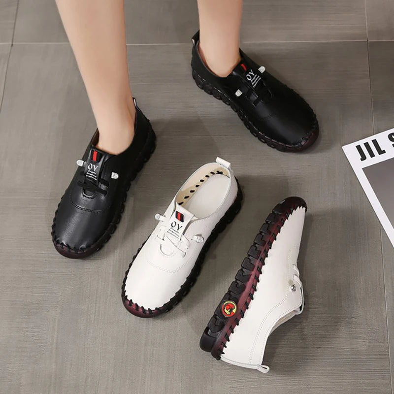 Women's PU Leather Sports Shoes - Large Size Running Sneakers with Elastic Straps
