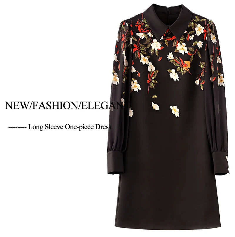 Women's Black Floral Print A-Line Dress - Autumn 2024 Elegant Chiffon Long Sleeve