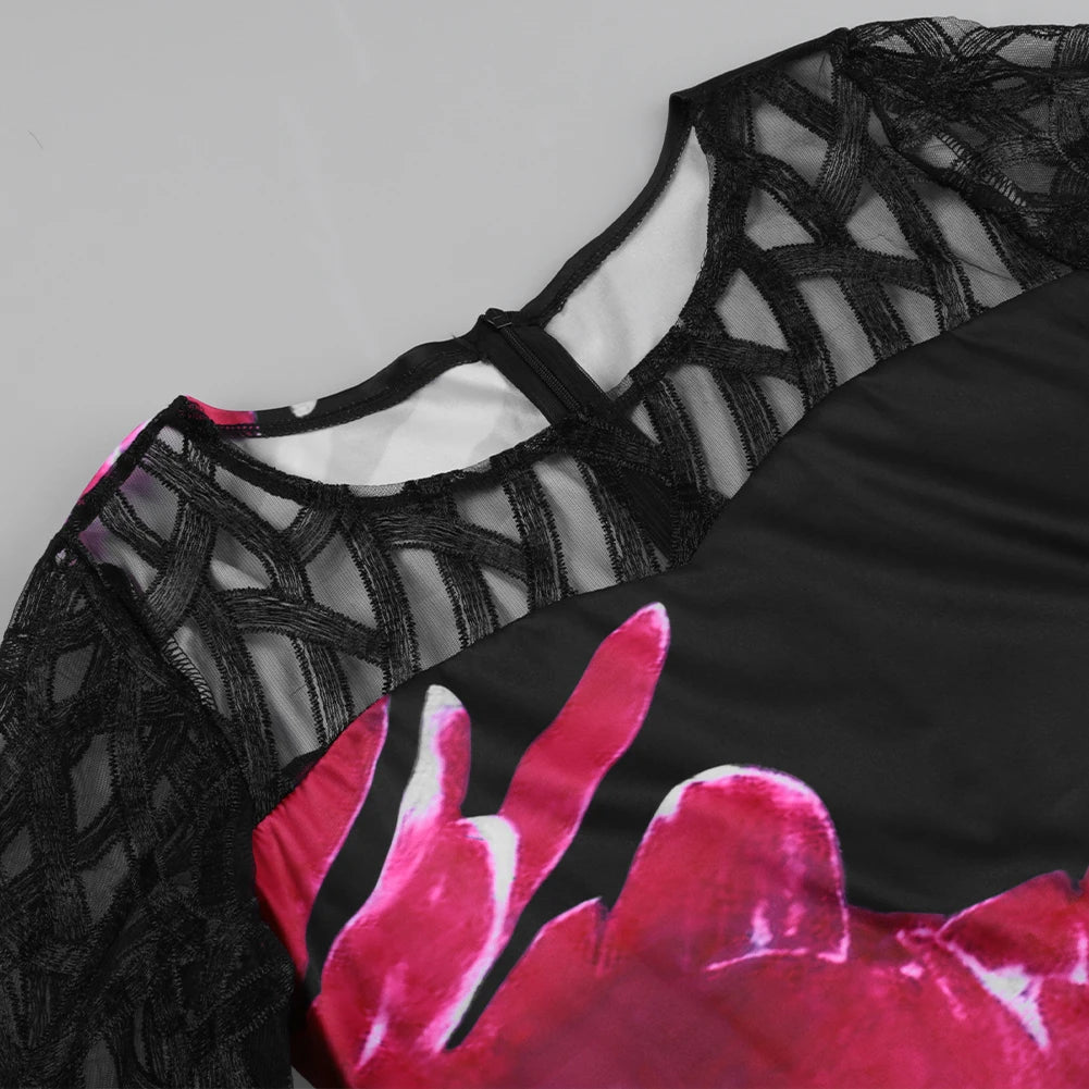 Women's Summer Floral Print Dress – Elegant Mesh Sleeve, Casual Birthday/Party Dress, 3XL/4XL