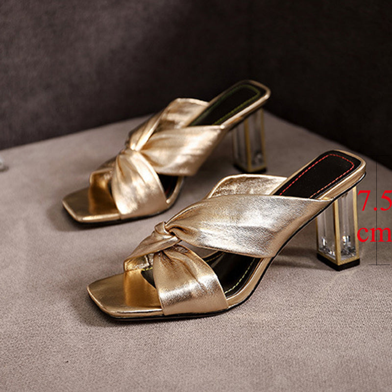 Women's Cross Strap High Heels - Luxury Golden Square Toe Sandals with Clear Heel