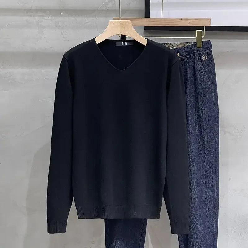 Men's V-neck Sweater – Solid Color, Long Sleeve, Knitted, Winter Pullover
