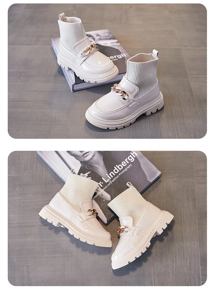 Girls' Leather Princess Boots with Metal Chains & Woven Stitching