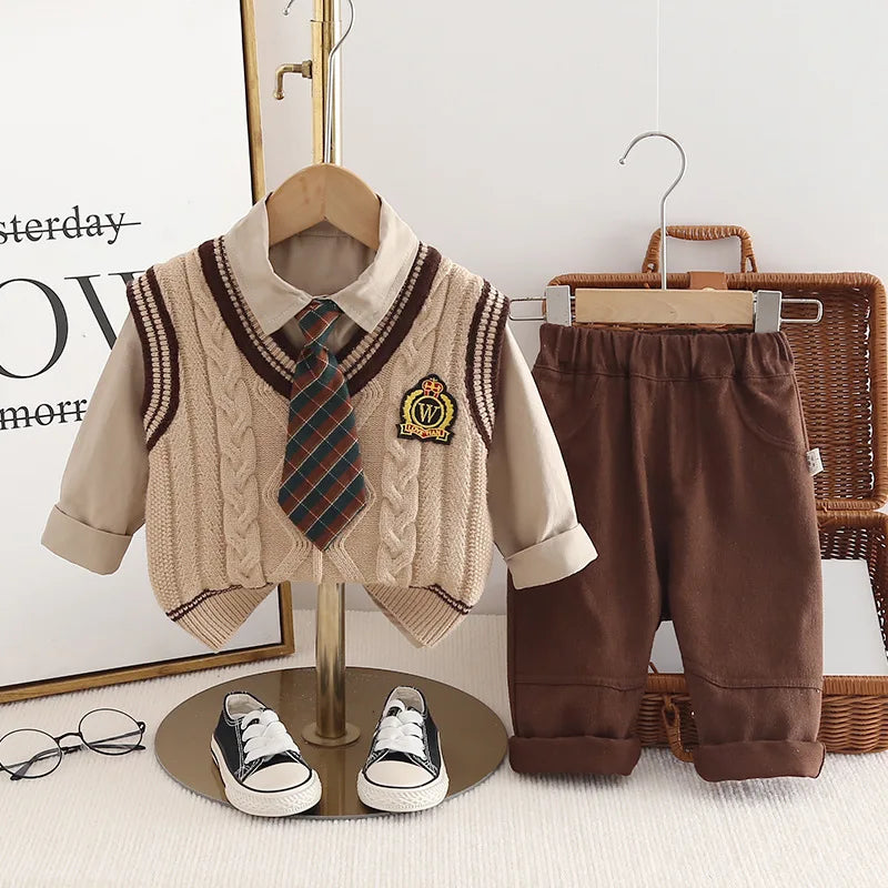 Autumn Preppy Style 3PCS Boys Outfit - Cotton Shirt, Knitted Vest & Pants Set